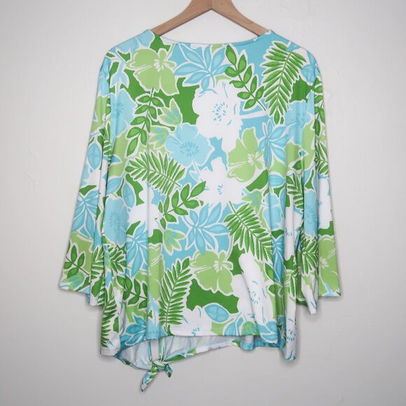 Ruby Rd. Womens Top Size XL Blue Green Floral 3/4 Sleeve Stretch Tie‎ Knot - Picture 2 of 8